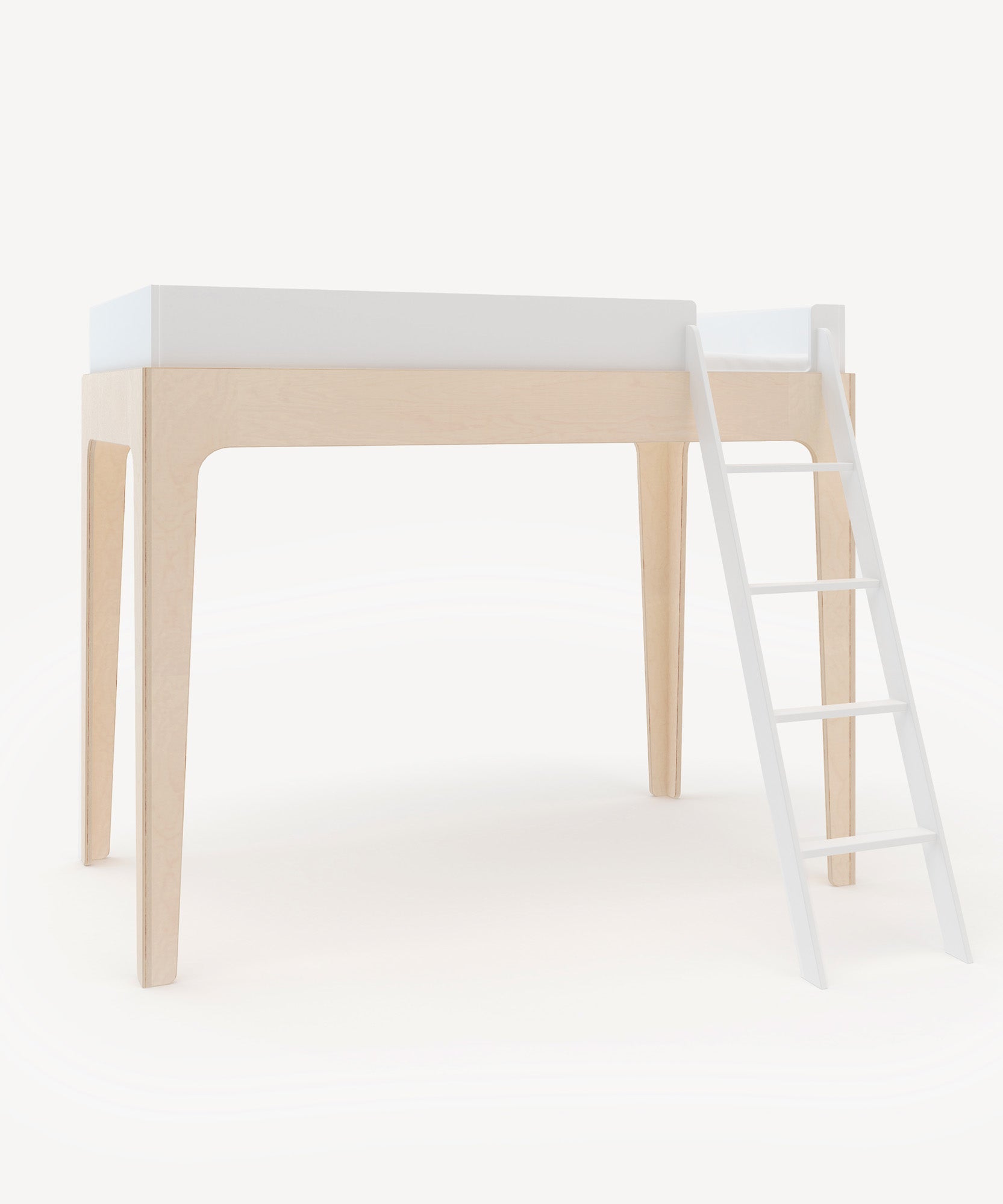 The Perch Twin Loft Bed is a minimalist wooden design featuring a white mattress and a small ladder.
