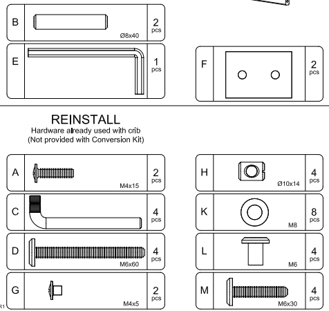 Labeled diagram of Rhea Conversion Kit Hardware for furniture assembly, showing screws, bolts, and brackets.
