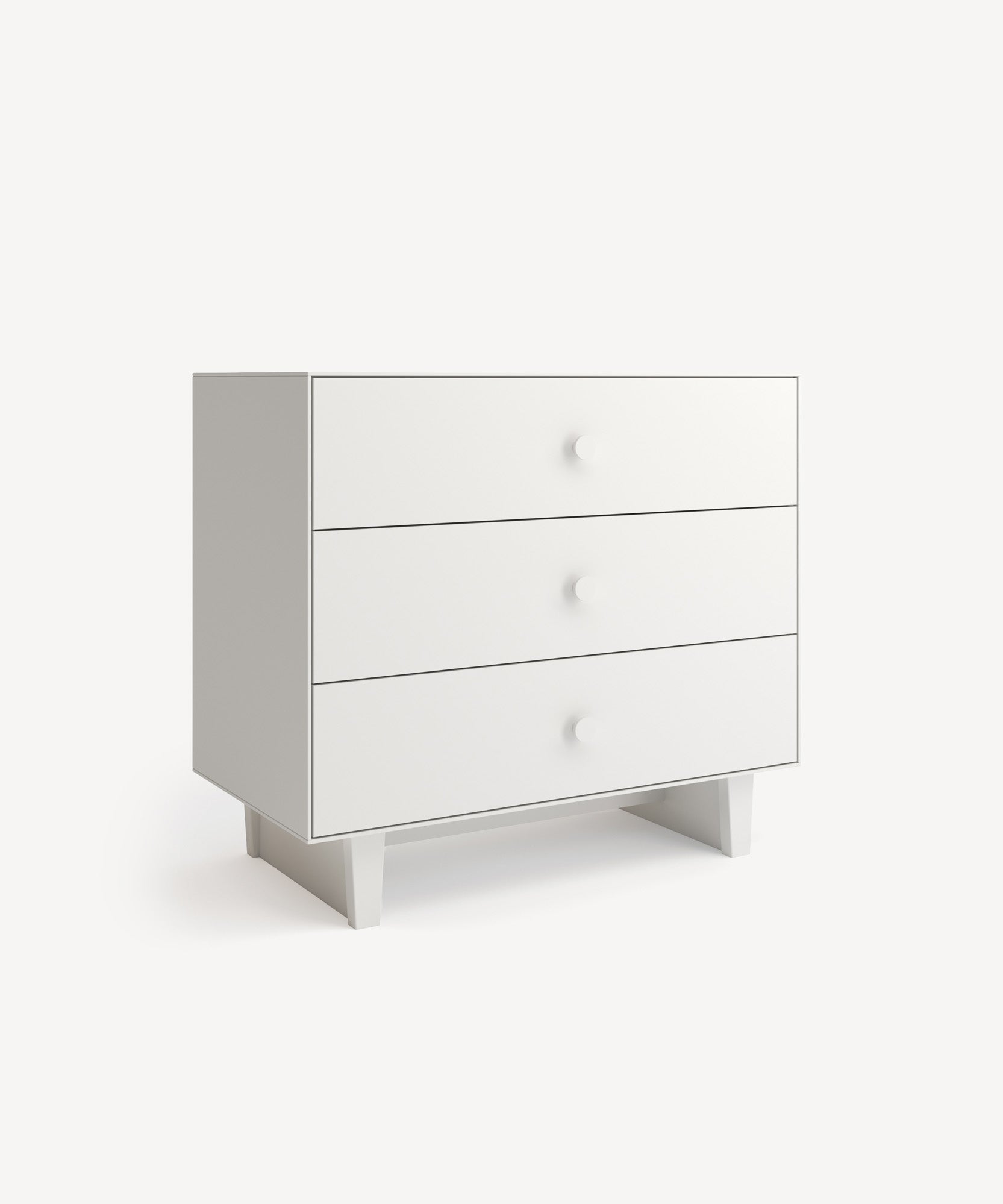 Rhea 3-Drawer Dresser in white, featuring a minimalist design and round knobs, set against a light background.