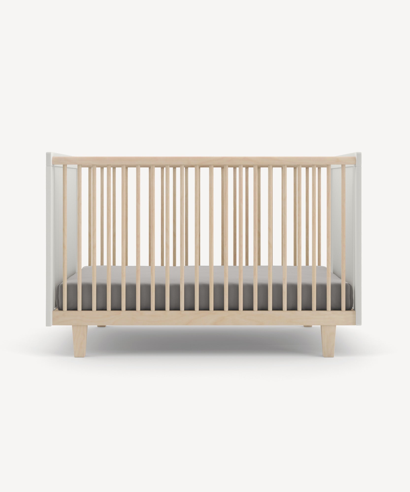 The Rhea Crib features wooden vertical slats, shown with gray bedding, set against a light background.