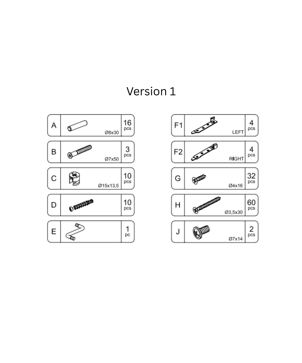 River Twin Bed Hardware parts list showing screws, dowels, cams, and their quantities for Version 1.