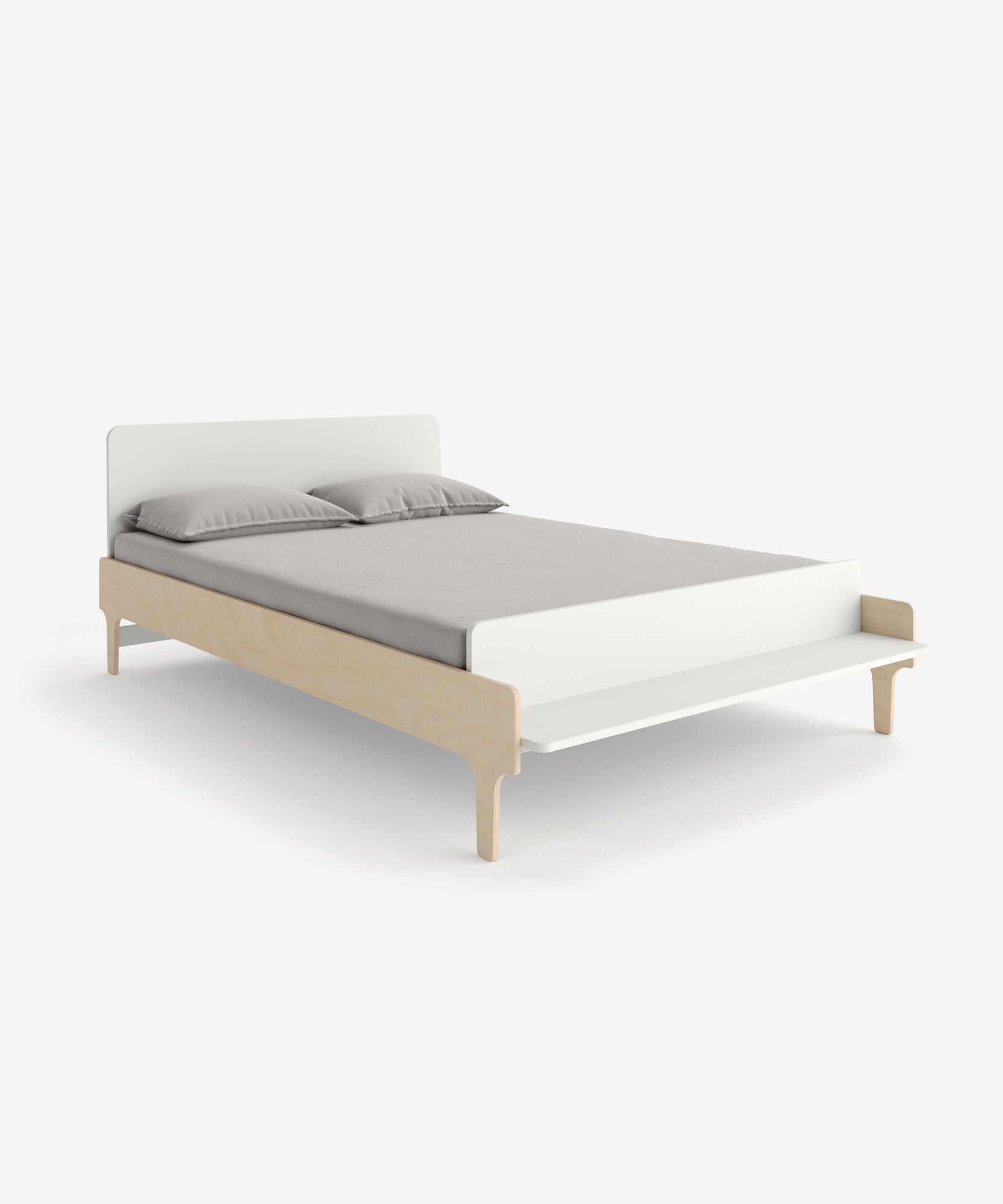 The River Full Bed features a minimalist wooden frame with a white headboard and footboard, shown with gray bedding and two pillows.
