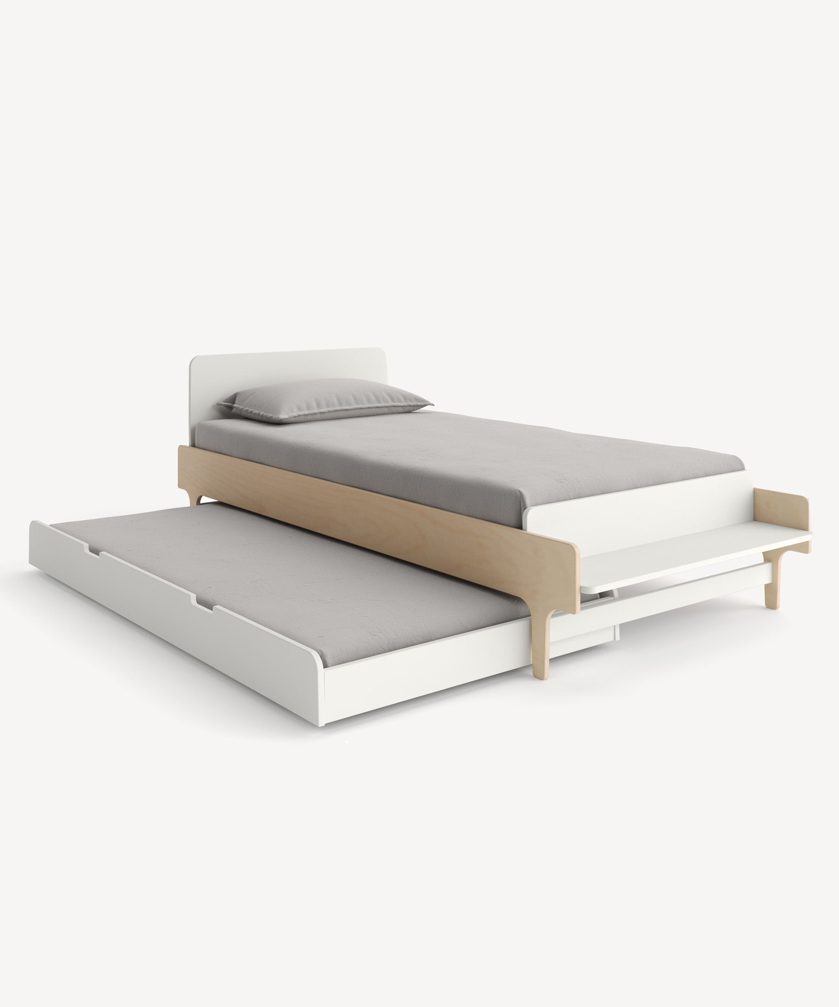 The River Trundle Bed features a minimalist design with white and light wood accents, a pull-out trundle, both with gray bedding.