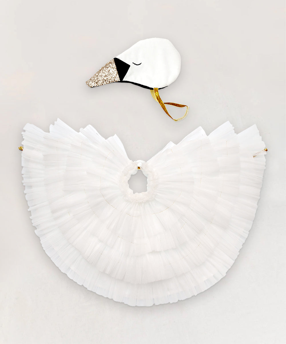 Swan Costume: White swan-inspired set features a layered tutu skirt and swan head mask, shown on a plain background.