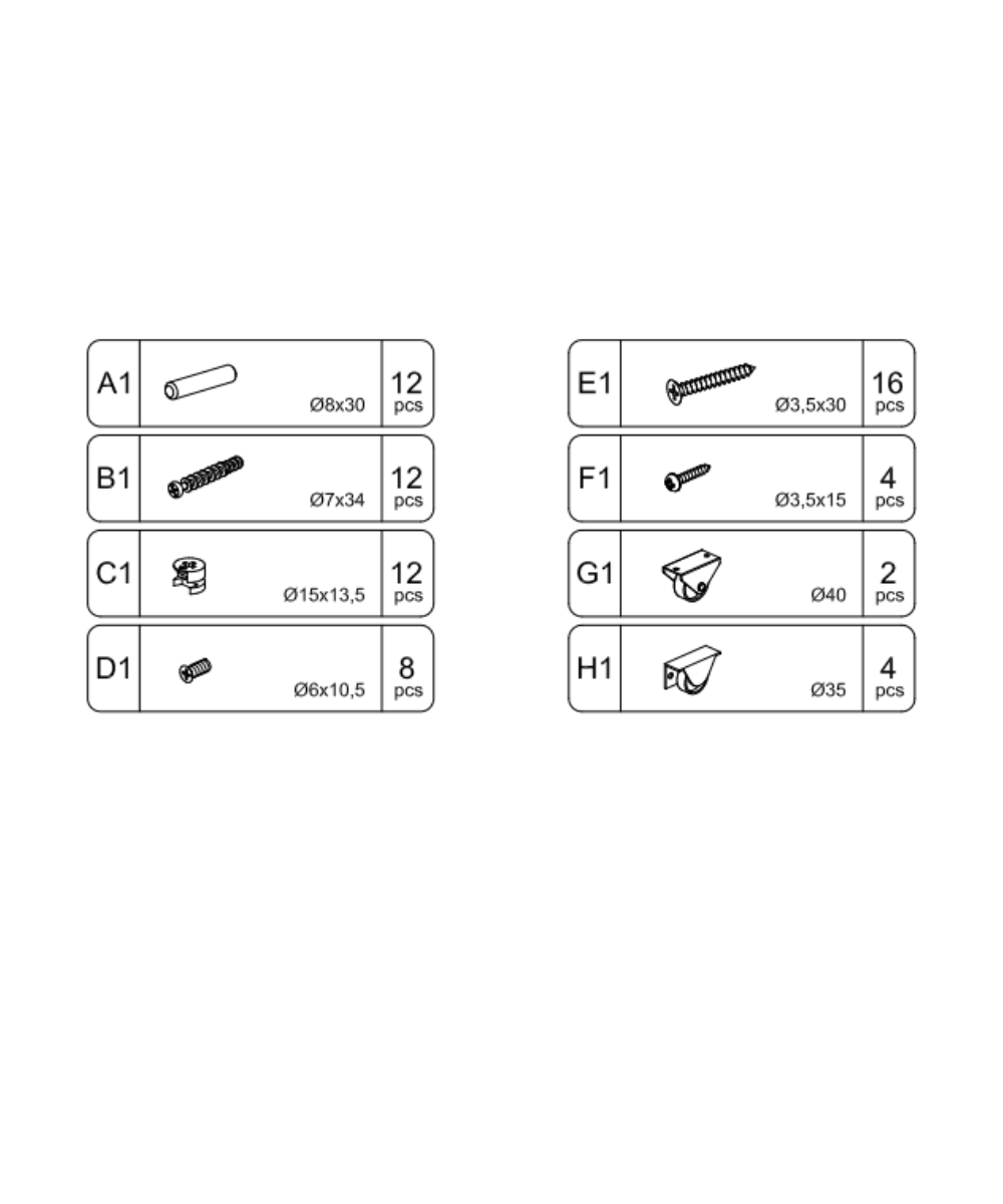 Sparrow Trundle Hardware diagram with labeled parts (A1–H1), showing quantities and dimensions.