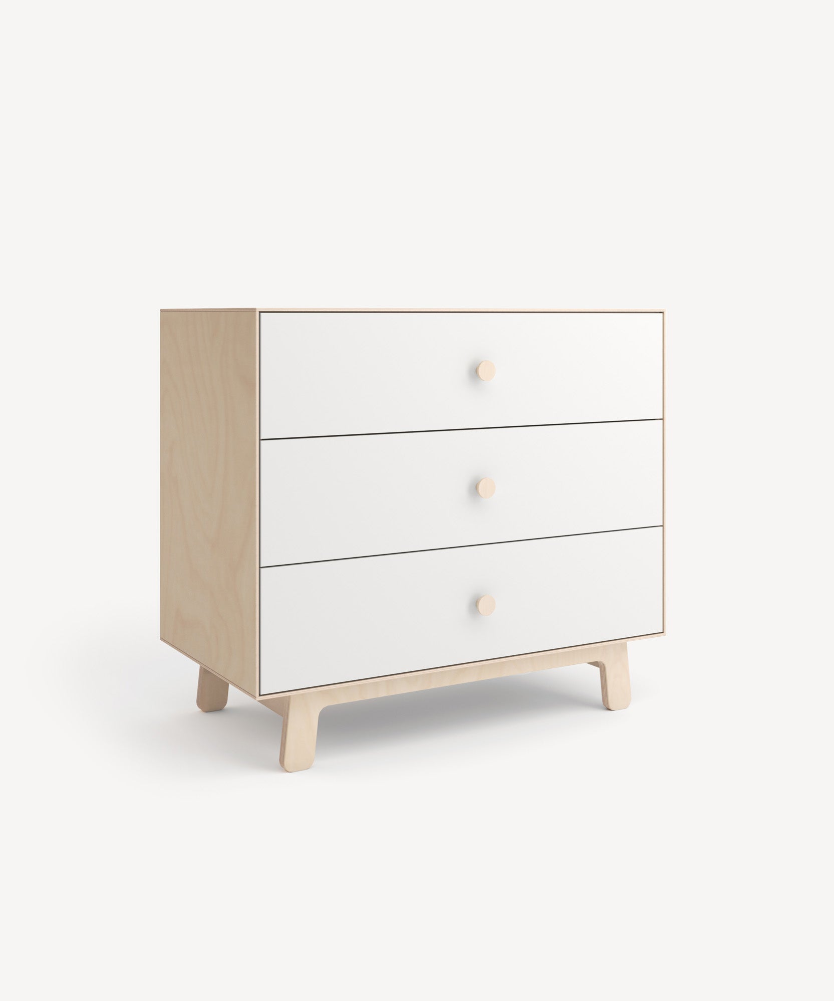 Sparrow 3-Drawer Dresser: A minimalist wooden piece with three white drawers, round knobs, and short legs.