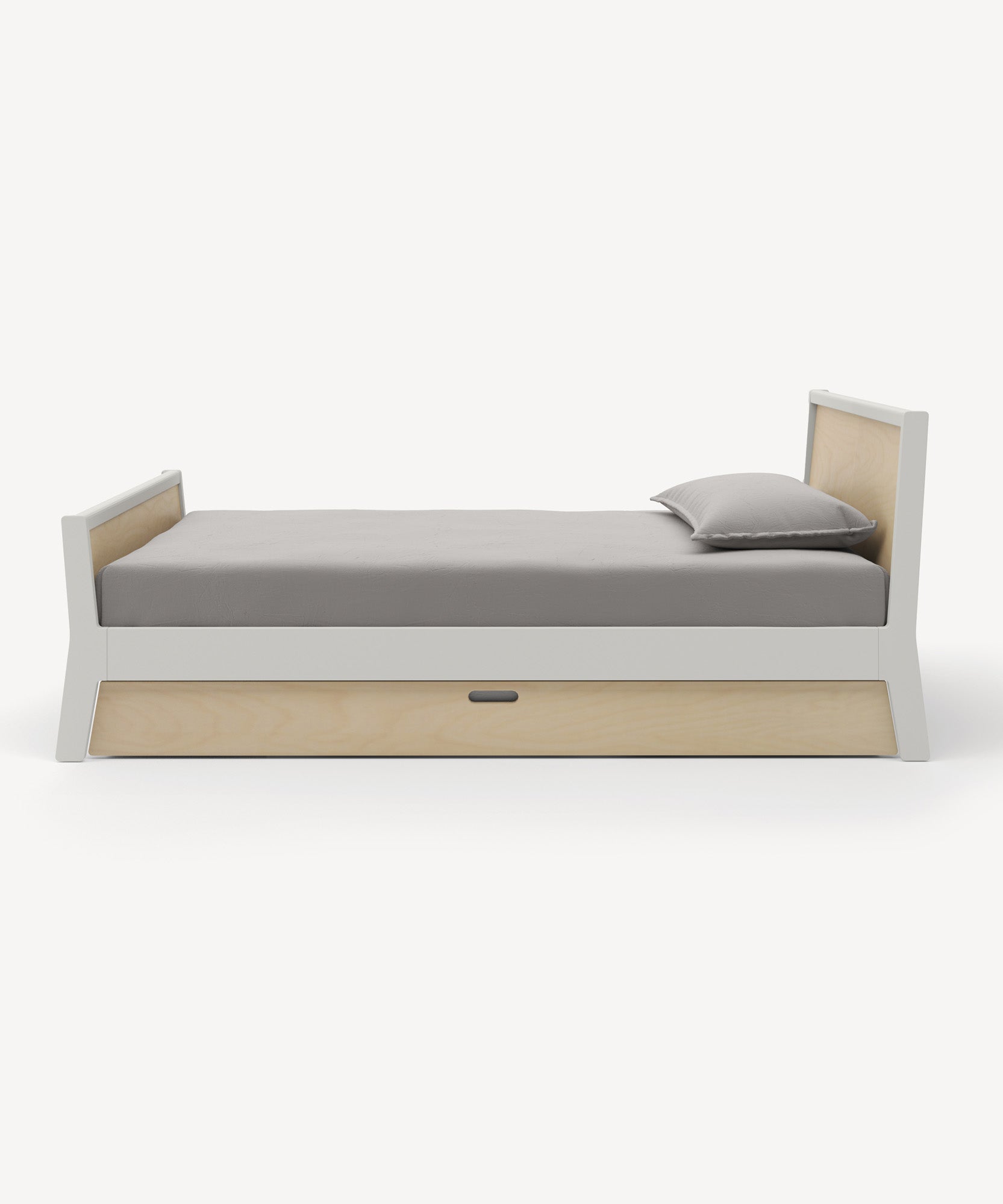Sparrow Twin Bed: Minimalist design with light wood accents, gray bedding, pillow, and a trundle bed underneath.