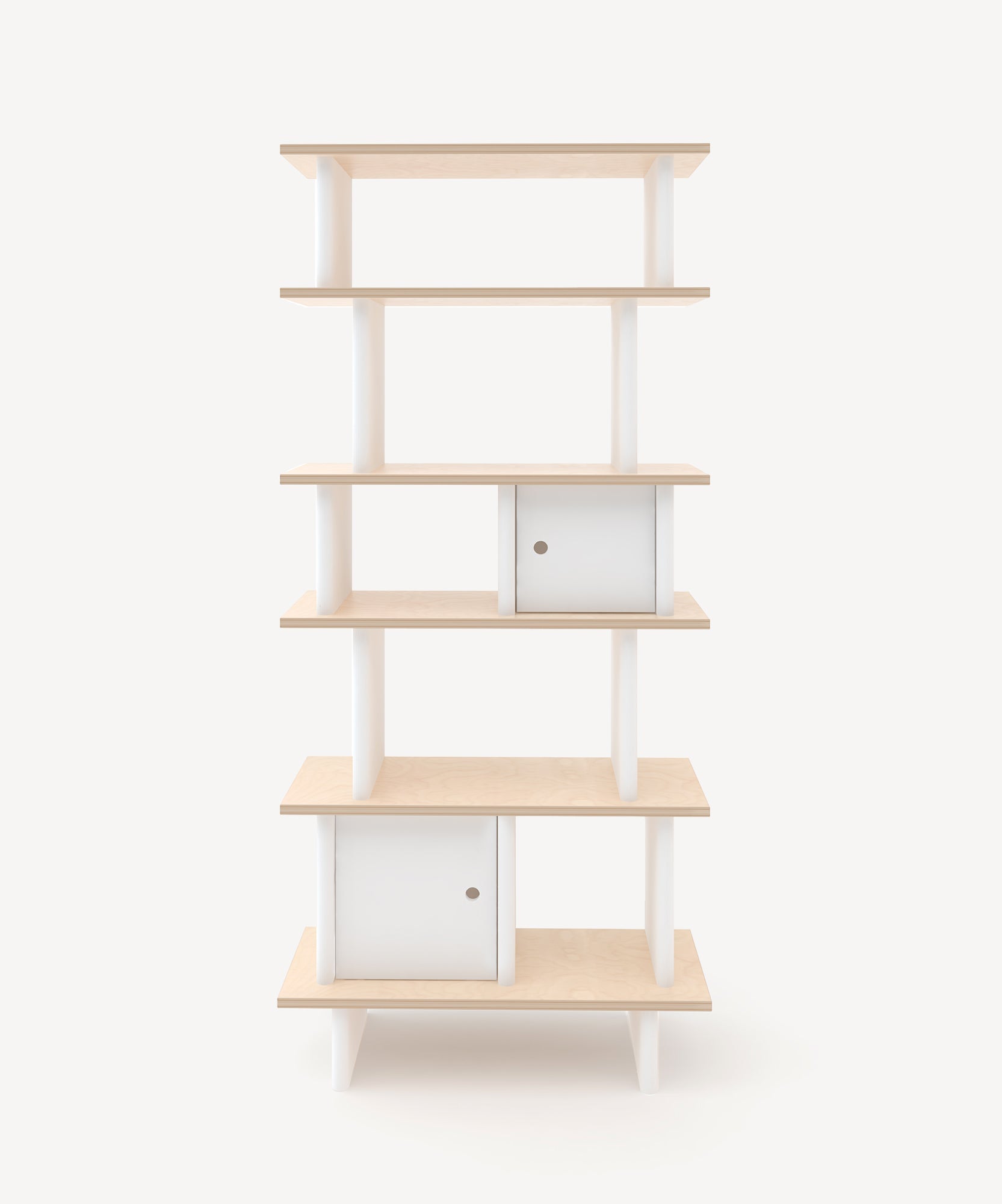 Vertical Mini Library in a minimalist design featuring white and wood tones, comes with six shelves and two cabinet doors.