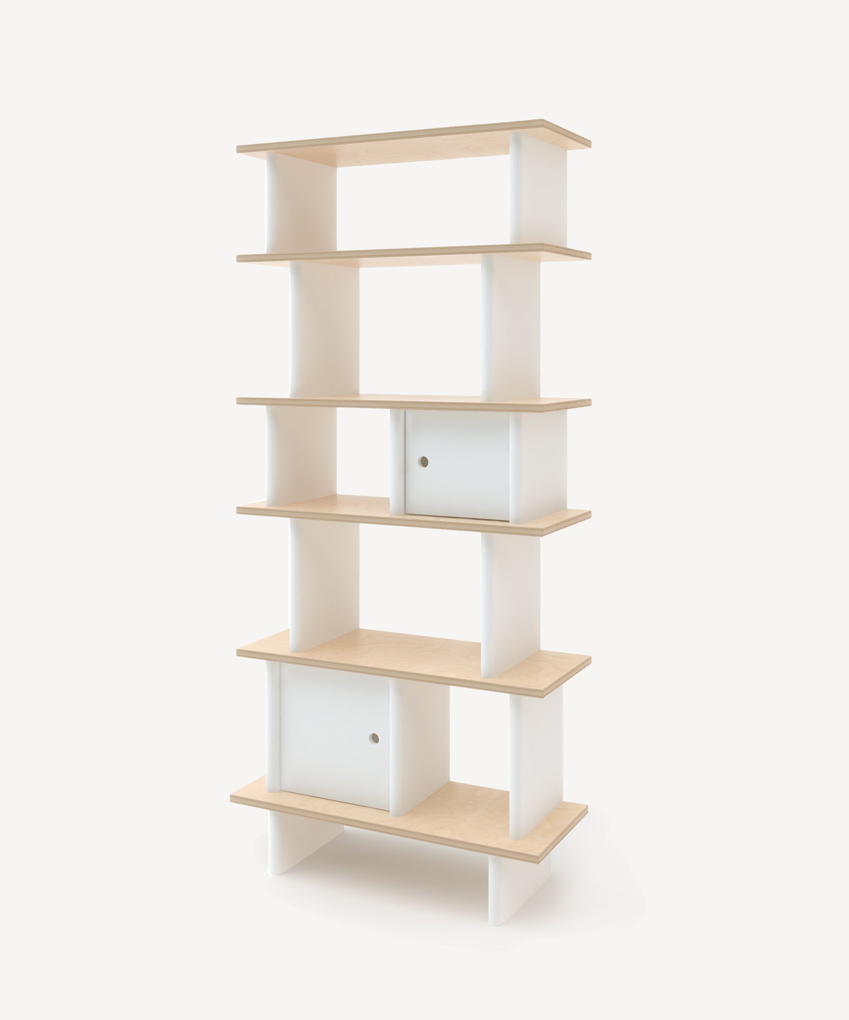 Vertical Mini Library in a minimalist design featuring white and wood tones, comes with six shelves and two cabinet doors.