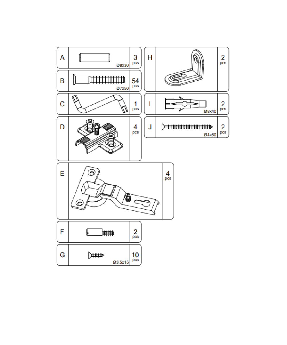 Vertical Mini Library Hardware diagram with labeled screws, anchors, brackets, and hinges, showing quantity and size for each.