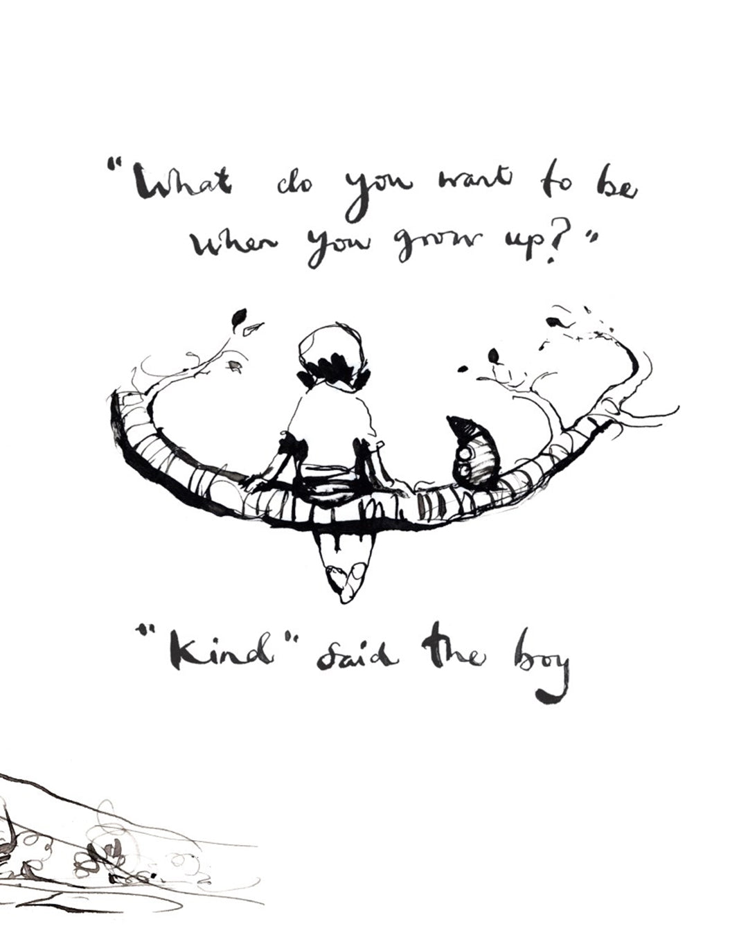 In Le Book - The Boy, the Mole, the Fox and the Horse, a boy and a horse sit on a branch. Handwritten text asks, "What do you want to be when you grow up?" "Kind.