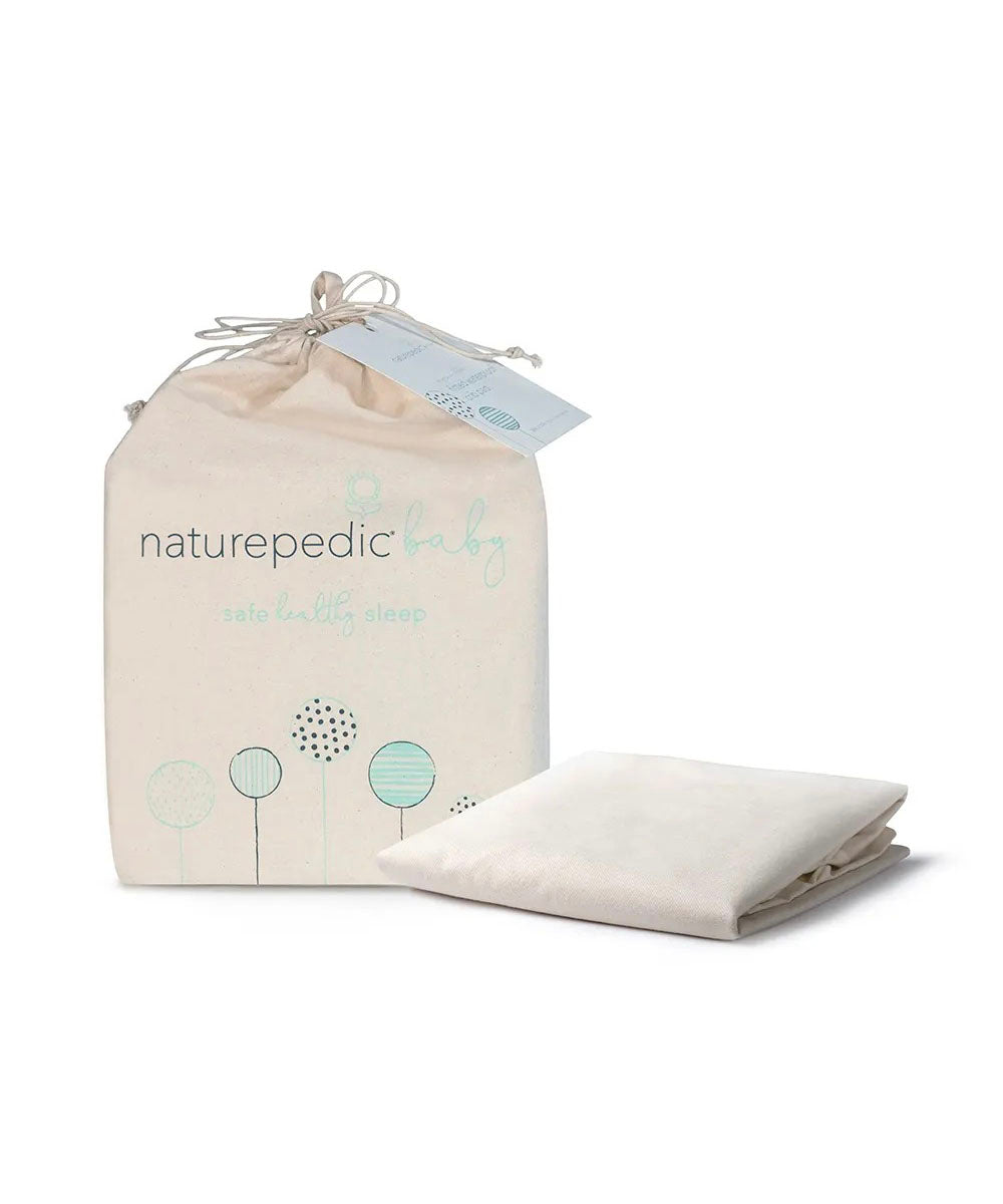 A packaged Organic Waterproof Crib Mattress Protector Pad with one folded cream-colored protector beside the bag.