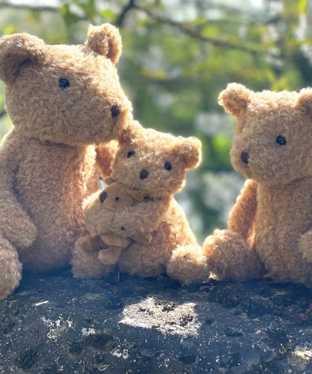 Raoul le Bear, a brown teddy bear holding a smaller bear, sits outdoors with two other bears on a stone surface.