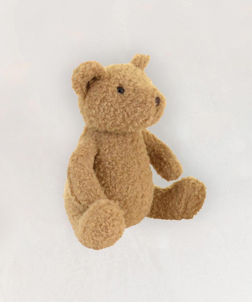 Eustache le Bear, a brown, fuzzy teddy bear, sits upright against a plain white background.
