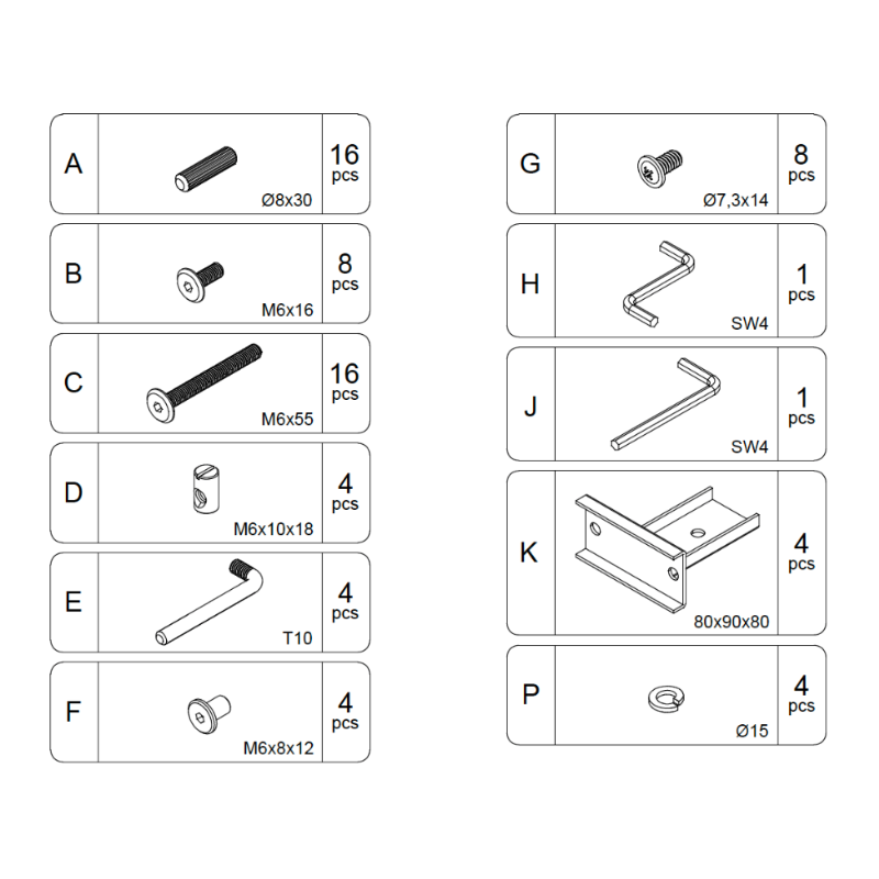 Moss Crib Hardware parts list with labeled illustrations, quantities, and measurements for each item.