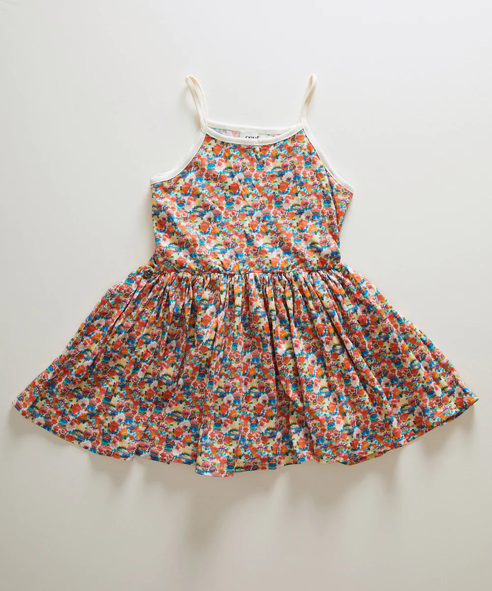 Floral-patterned sundress with thin shoulder straps, displayed flat on a white surface.