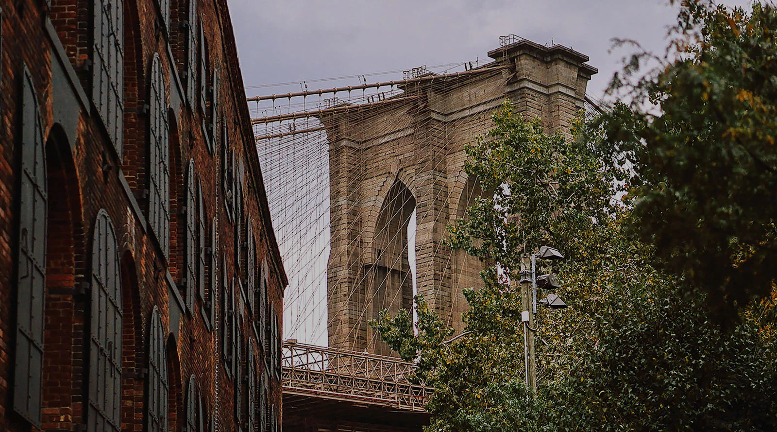 View of the Brooklyn Bridge behind a brick building with green shutters, partially obscured by trees on a cloudy day.