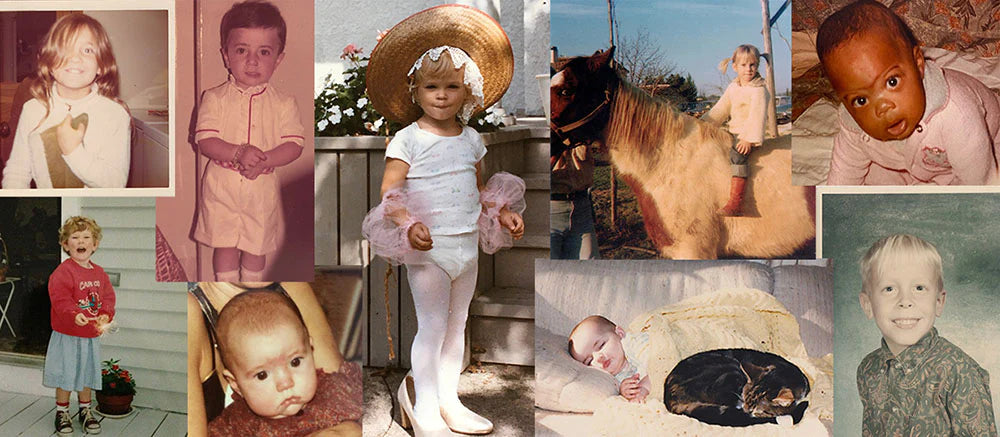 A collage of childhood photos featuring eight different children posing indoors and outdoors, including a child in a ballet costume and another riding a pony.
