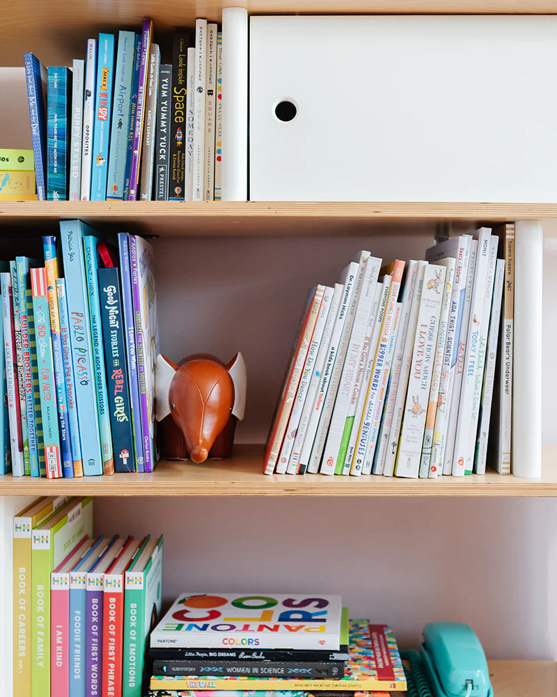 A wooden bookshelf filled with colorful childrens books and a fox-shaped bookend. A shelf contains board books and a green toy phone.