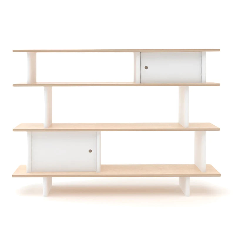 Minimalist wooden bookshelf with three open shelves and two sliding white doors.