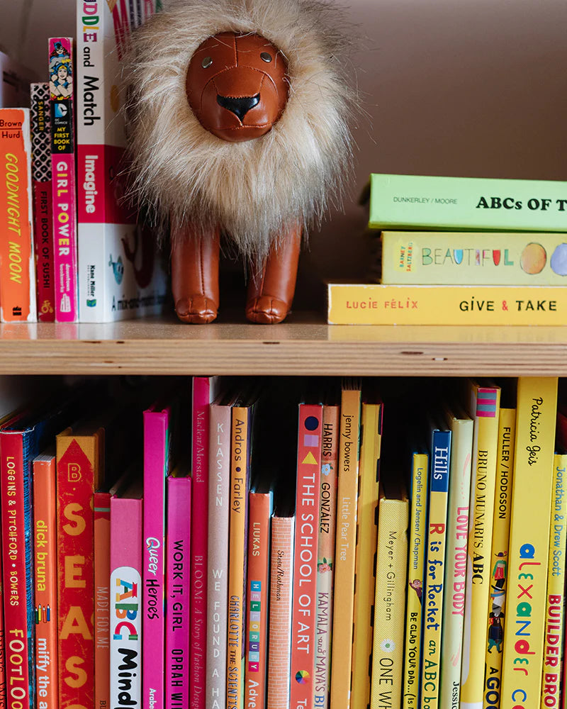 Childrens books in vibrant colors neatly arranged on a shelf with a brown lion plush toy on top.
