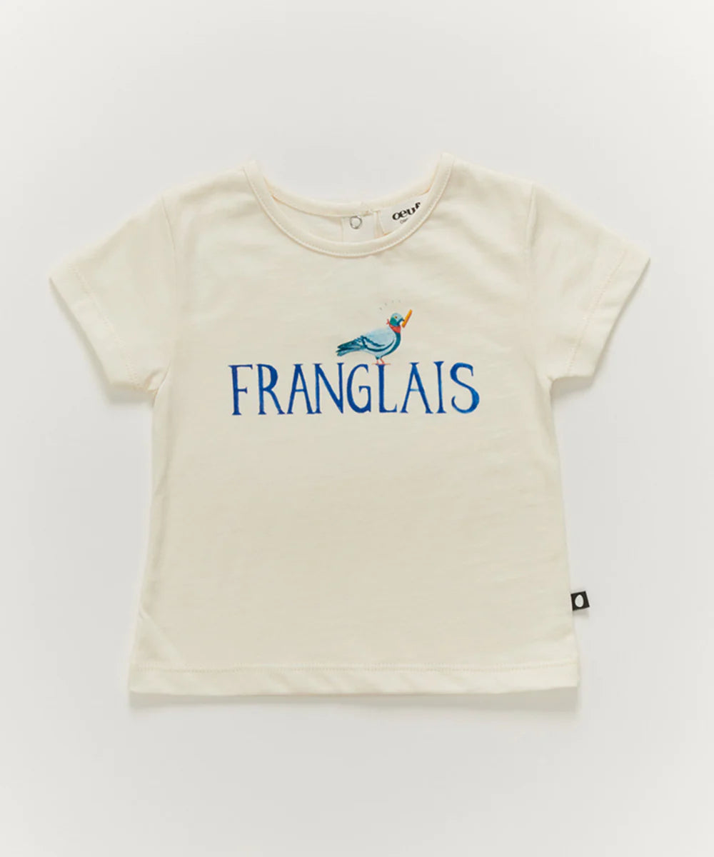 White baby t-shirt with the word Franglais and a small bird graphic printed in blue on the front.