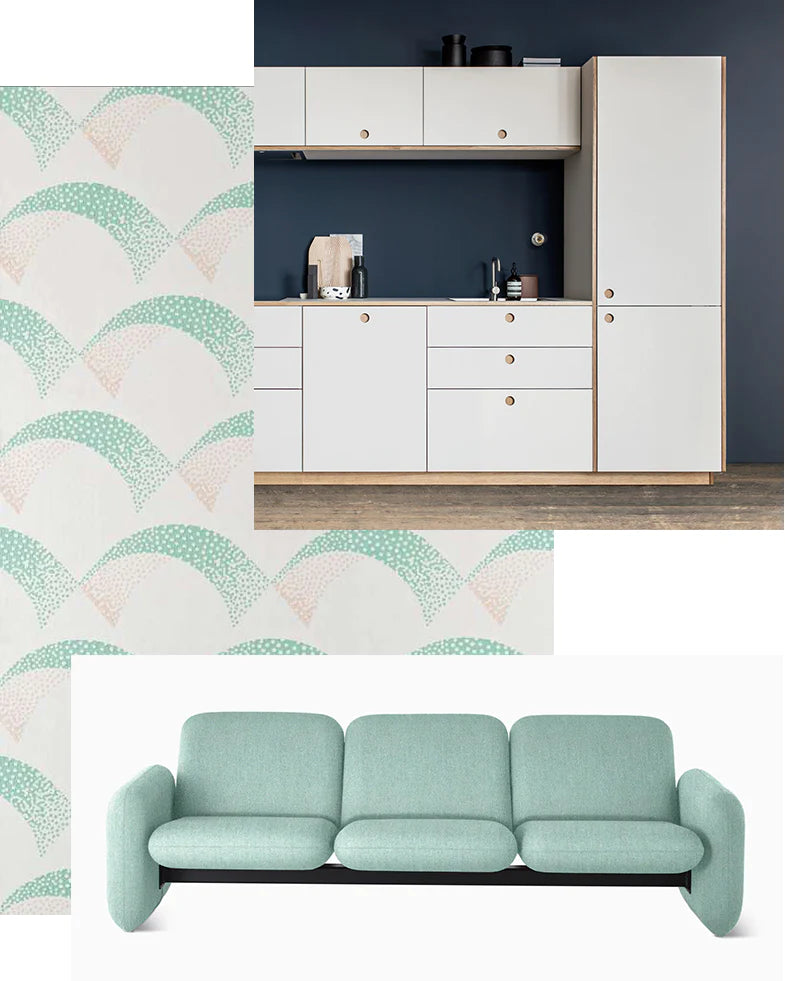 Collage of a modern kitchen with white cabinets, pastel patterned wallpaper, and a light green three-seater sofa.
