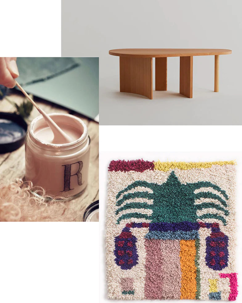 Collage of three images: a wooden table, a hand dipping a stick into a jar of cream, and a colorful abstract textile design.
