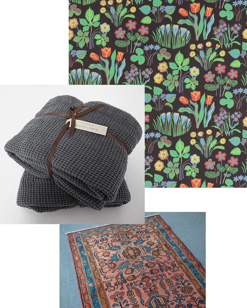 Floral pattern fabric, dark waffle-textured blankets with a tag, and a colorful, patterned rug on a light blue floor.