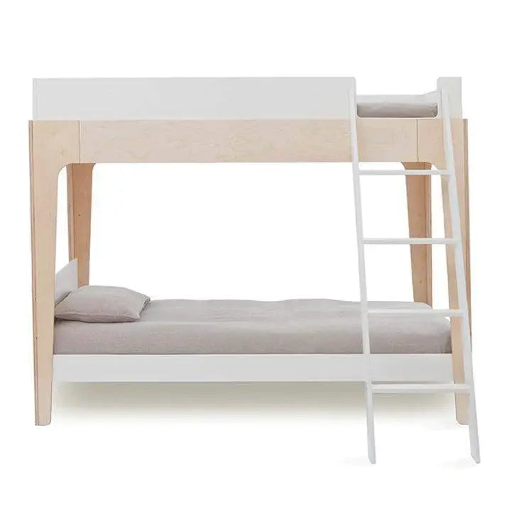 Bunk bed with a light wood and white finish, featuring two mattresses and a vertical ladder on the right side.
