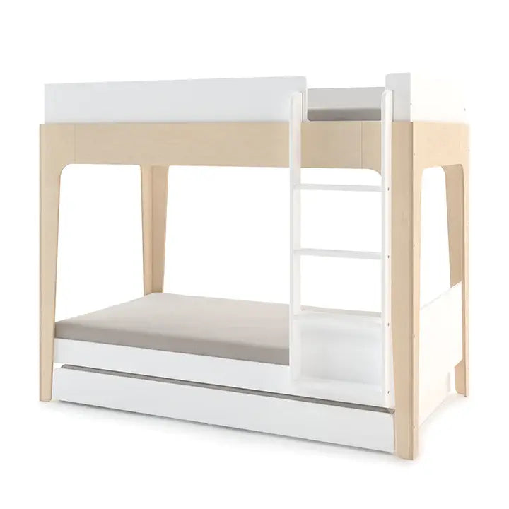 A wooden bunk bed with a natural finish, featuring two beds and a white ladder on the right side.