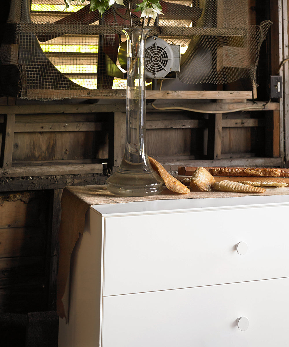 The Sparrow 3-Drawer Dresser is adorned with a vase, flowers, and baguettes, set against a rustic backdrop of wooden beams and wire mesh.