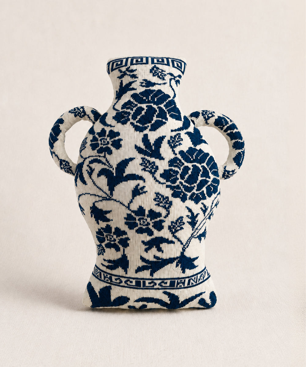 Porcelain Vase Pillow: plush vase-shaped pillow with blue floral and geometric patterns on white, plus two handles.