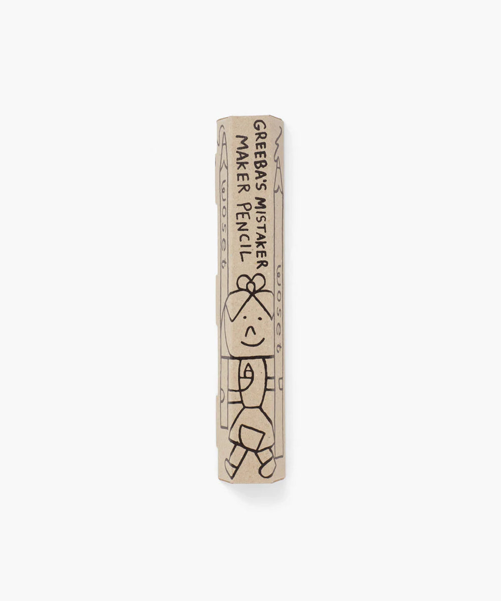 Beige pencil-shaped eraser with a sad cartoon face and text "Le Mistake Maker Pencils".