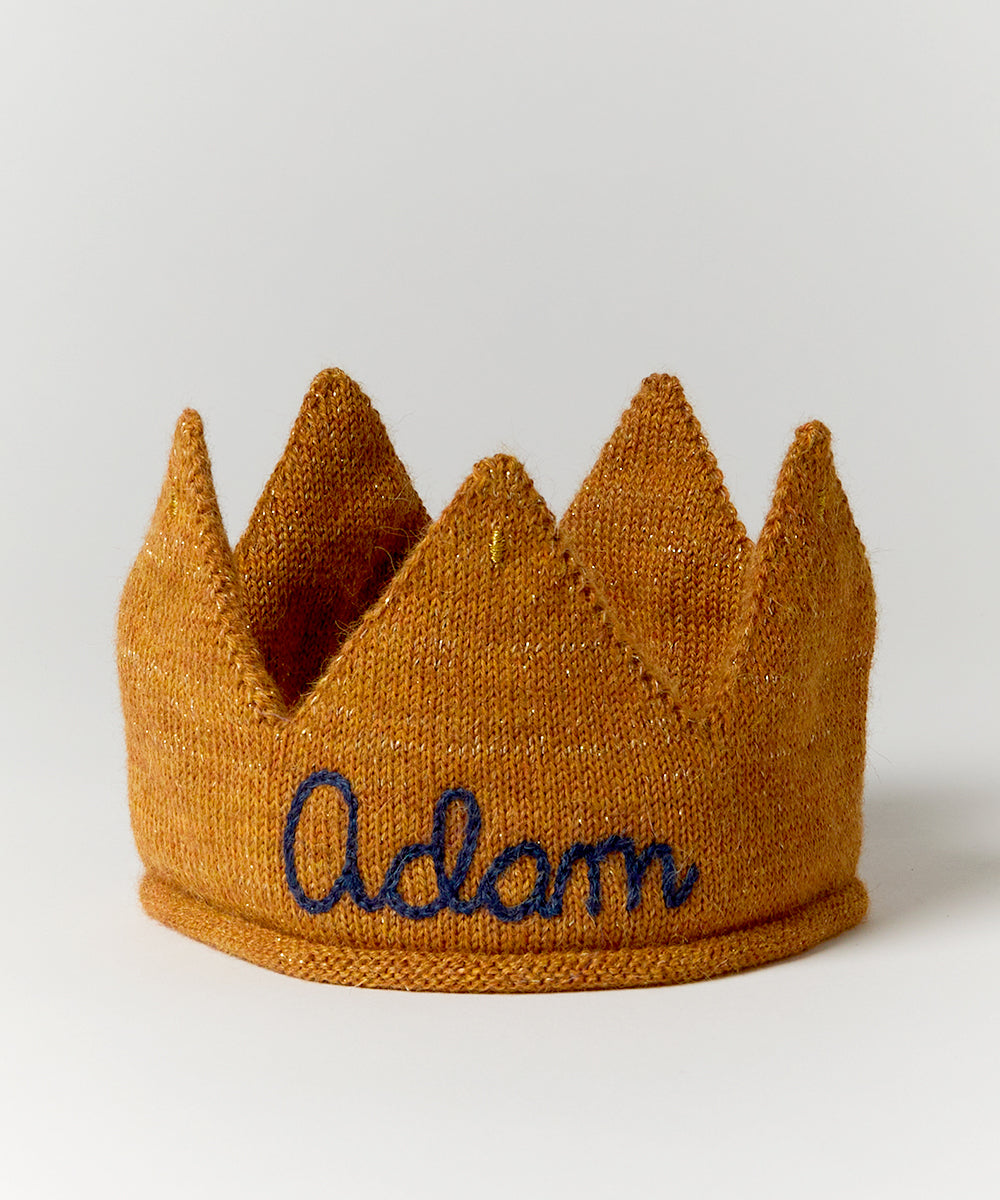 Personalized Gold Crown - Indigo featuring pointed tips and "Adam" embroidered in blue on the front.