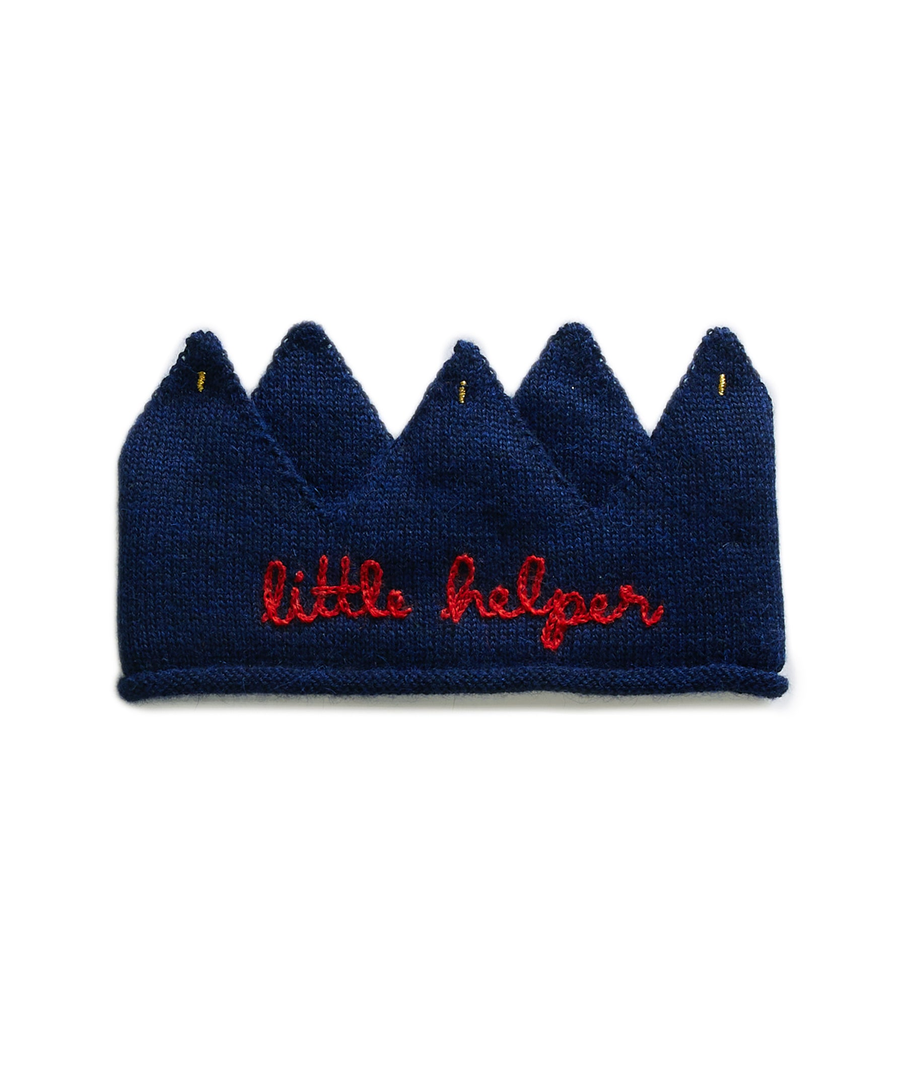 The Little Helper Crown is a blue knit hat shaped like a crown with "little helper" embroidered in red.