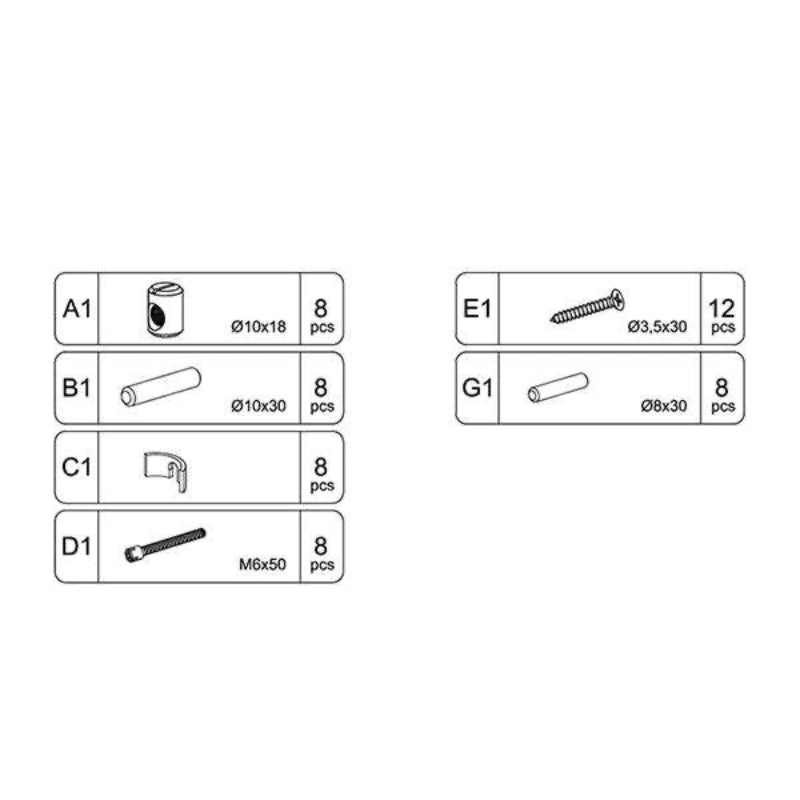 Explore the Sparrow Twin Bed Hardware assembly parts diagram, displaying components A1 to D1 and G1. It features measurements, quantities, and detailed illustrations of each part, aligning perfectly with Oeuf products using precision hardware kits.