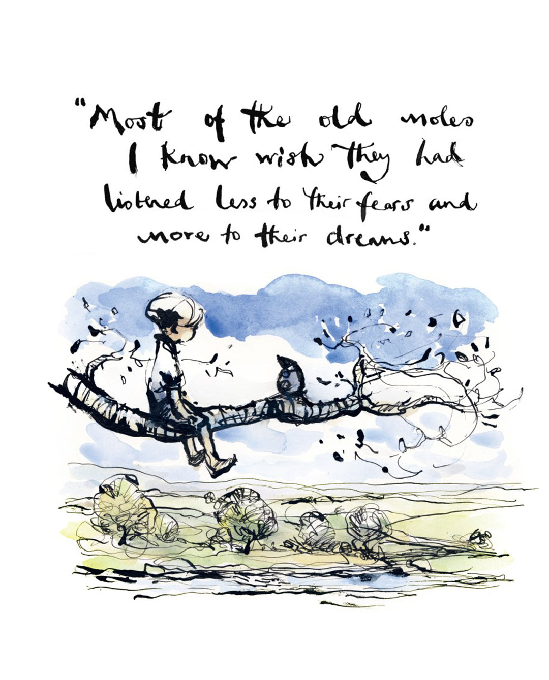 On the cover of Le Book - The Boy, the Mole, the Fox and the Horse, a boy and a mole sit on a branch, with a quote about listening to dreams over fears.