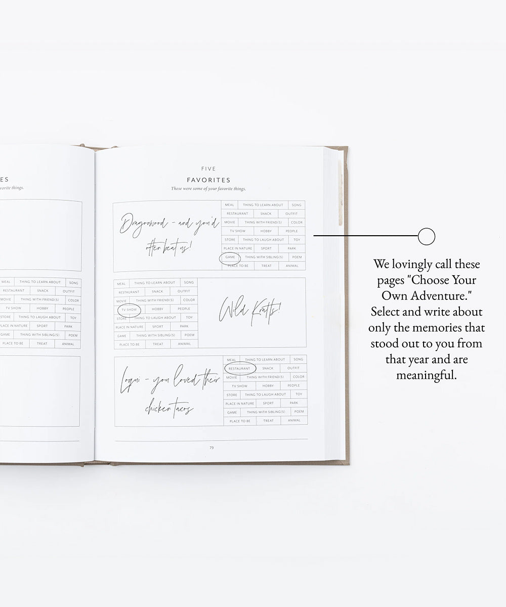 Le Baby Book is open, showing handwritten notes on lined pages with prompts and signatures. The text on the right explains each page's purpose.