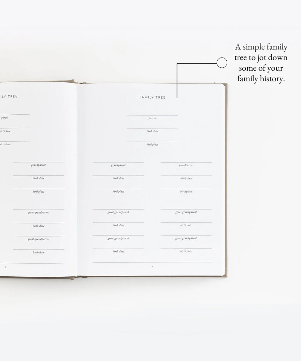 Open "Le Baby Book" to find a simple family tree template for jotting down your family history.