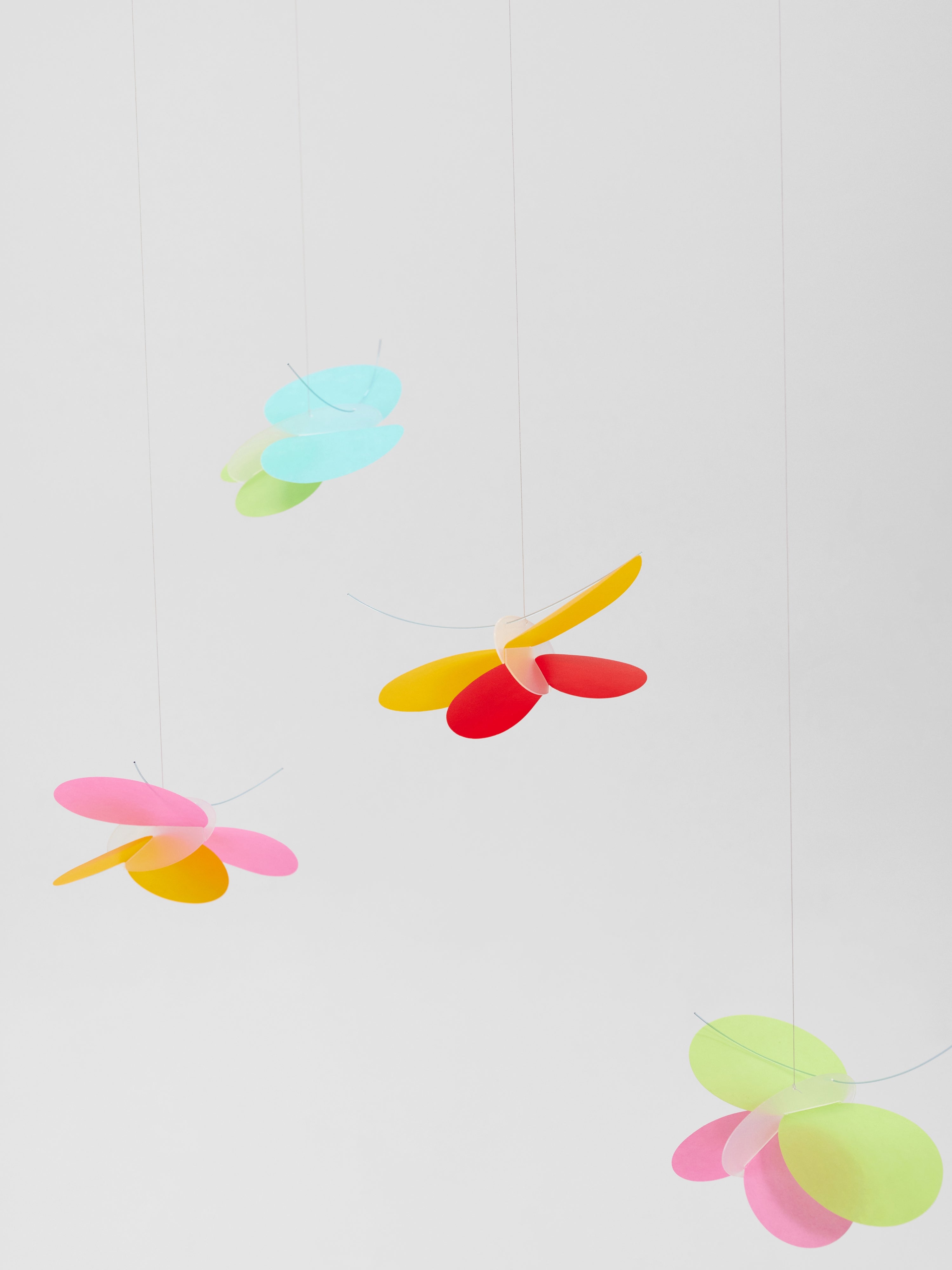 Butterflies hang from the ceiling on thin strings, adding colorful decoration against a plain light background.