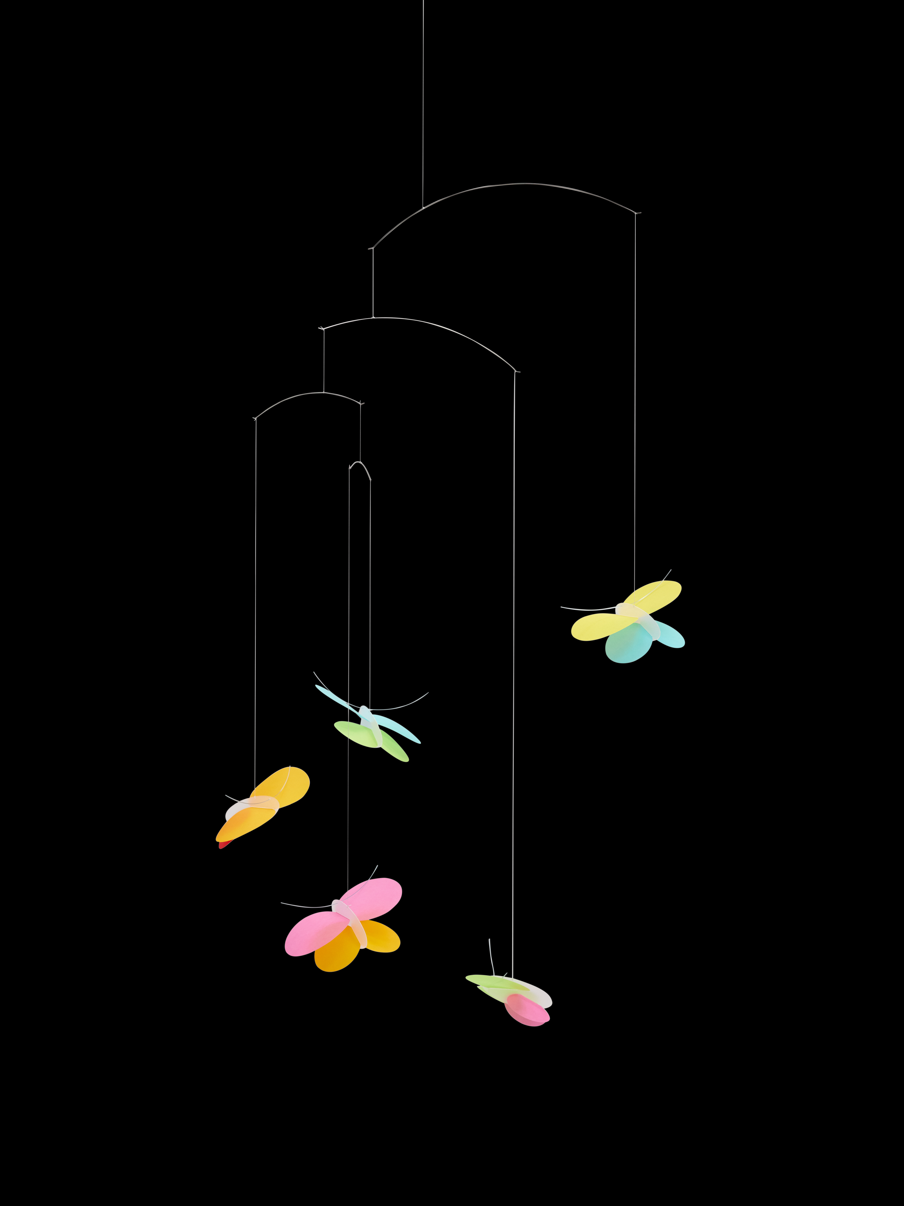 The "Butterflies" mobile features five colorful butterfly shapes suspended on thin wires against a black background.
