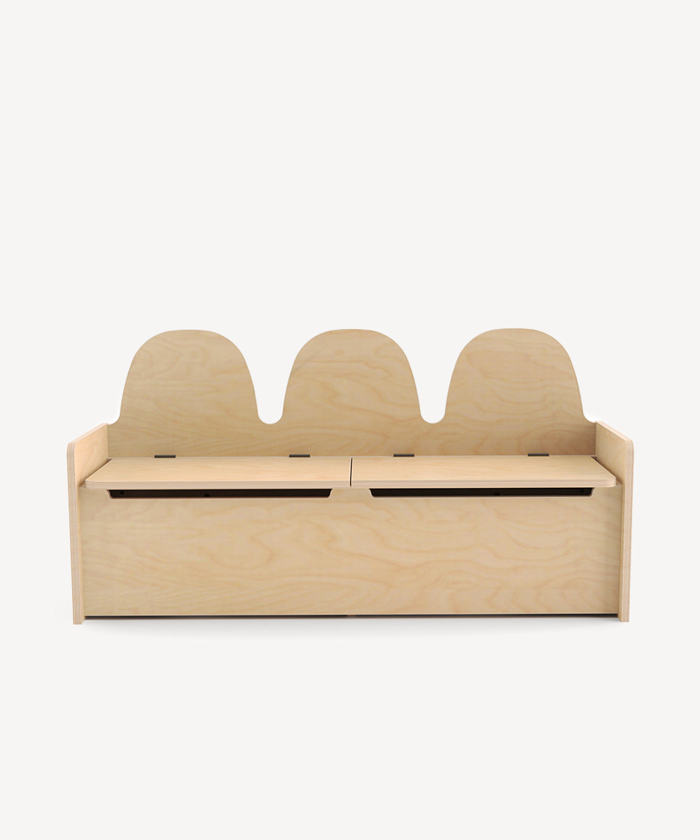 Wooden toy storage bench with three seats on a white background