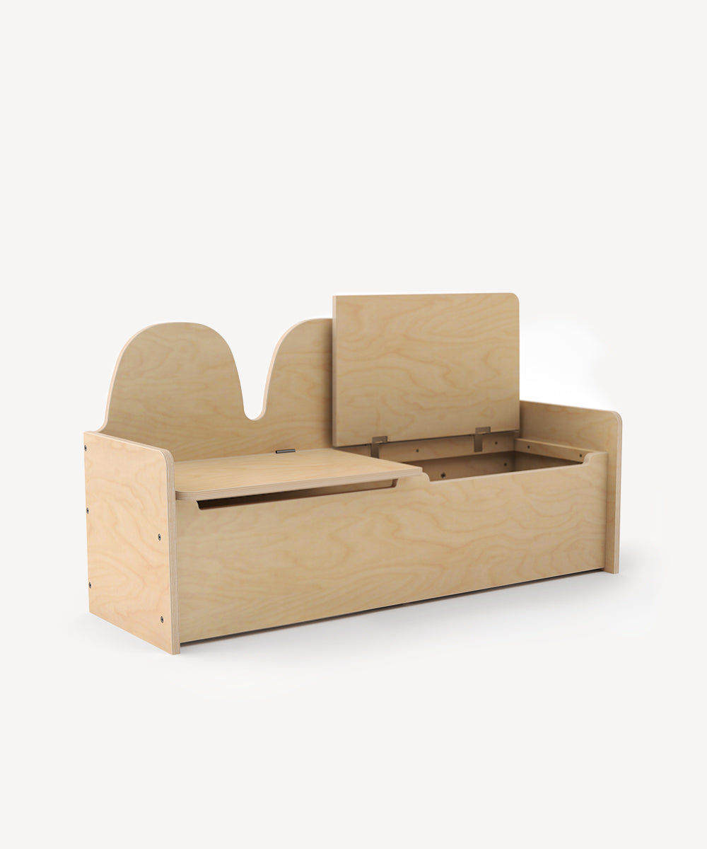 Wooden toy box with a lid on a white background