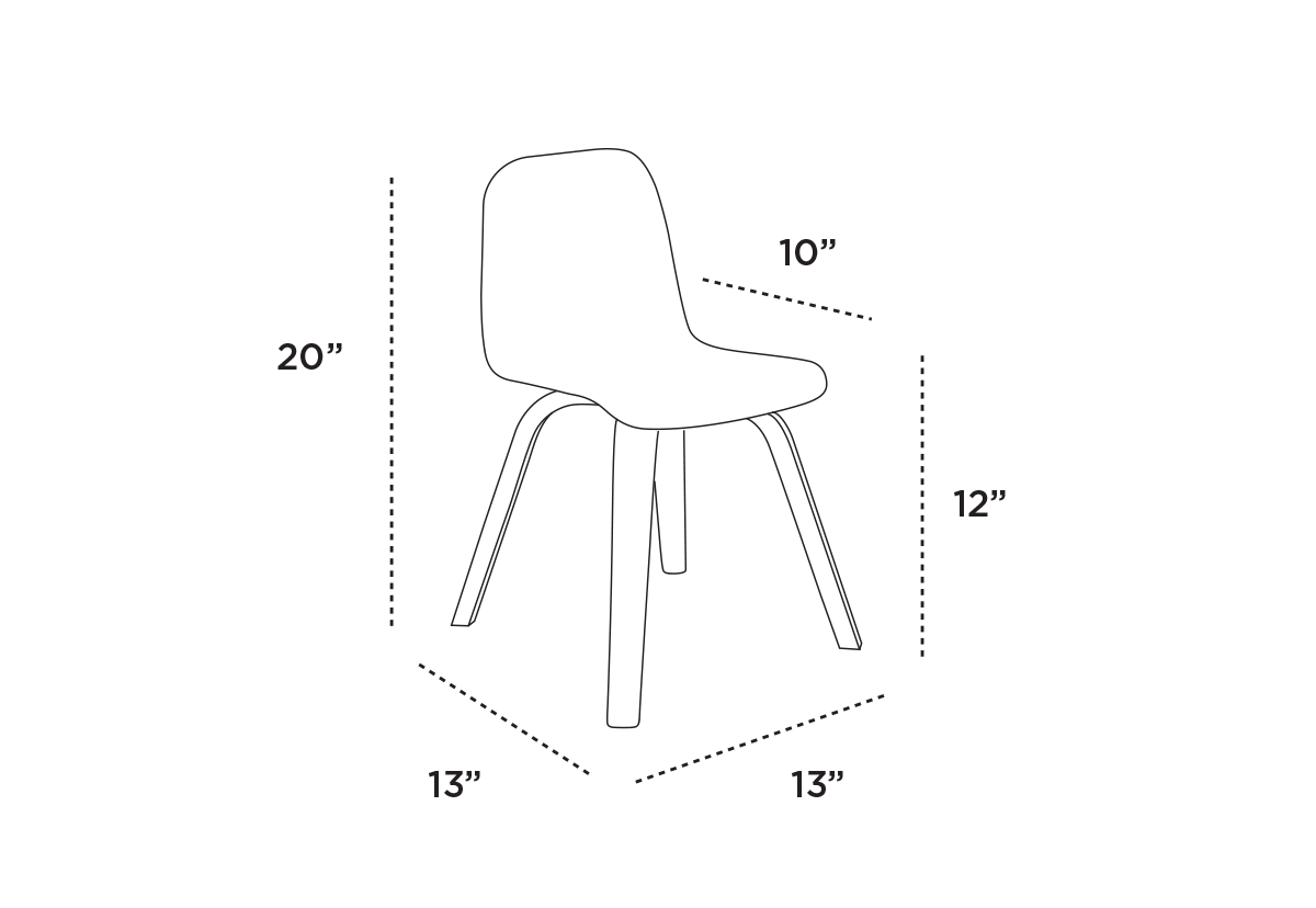 Silhouette of a chair with labeled dimensions: height 20 inches, seat height 12 inches, and seat width 13 inches.