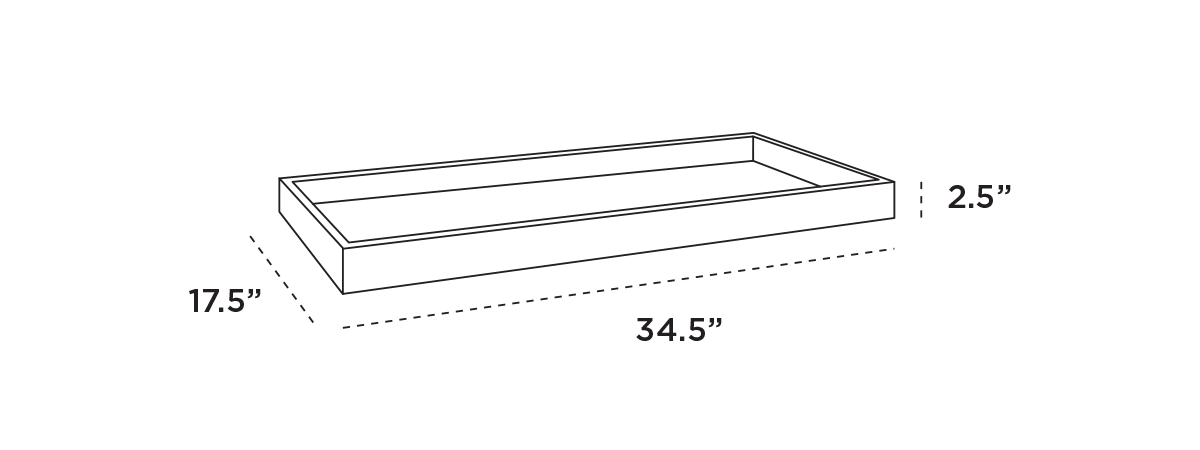 Black outline of a rectangular box with dimensions: 34.5 inches long, 17.5 inches wide, and 2.5 inches high.