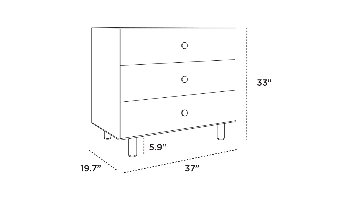 Illustration of a dresser with three drawers. Dimensions are shown: 33 high, 37 wide, and 19.7 deep. The clearance from the floor to the bottom of the dresser is 5.9.