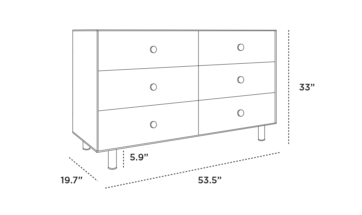 Black and white outline of a six-drawer dresser with dimensions labeled: 53.5 wide, 33 tall, 19.7 deep, and legs 5.9 high.