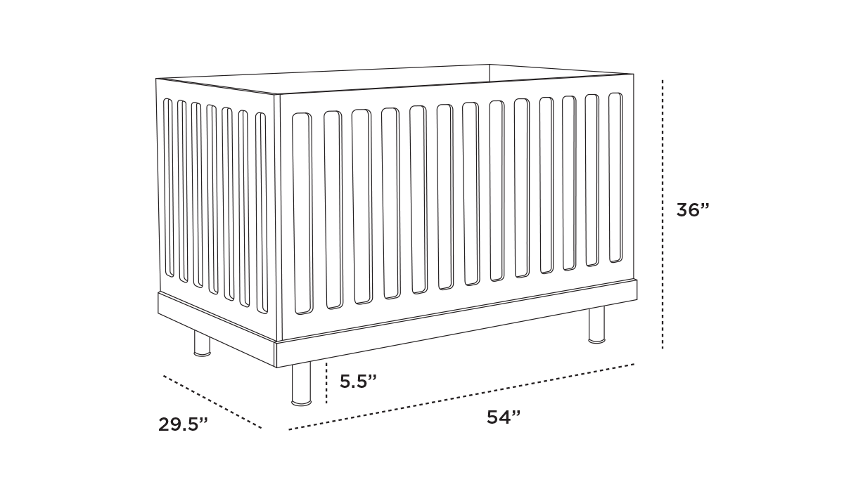 Illustration of a crib with vertical slats on all sides. Dimensions shown: 36 height, 54 width, 29.5 depth, and 5.5 leg height.