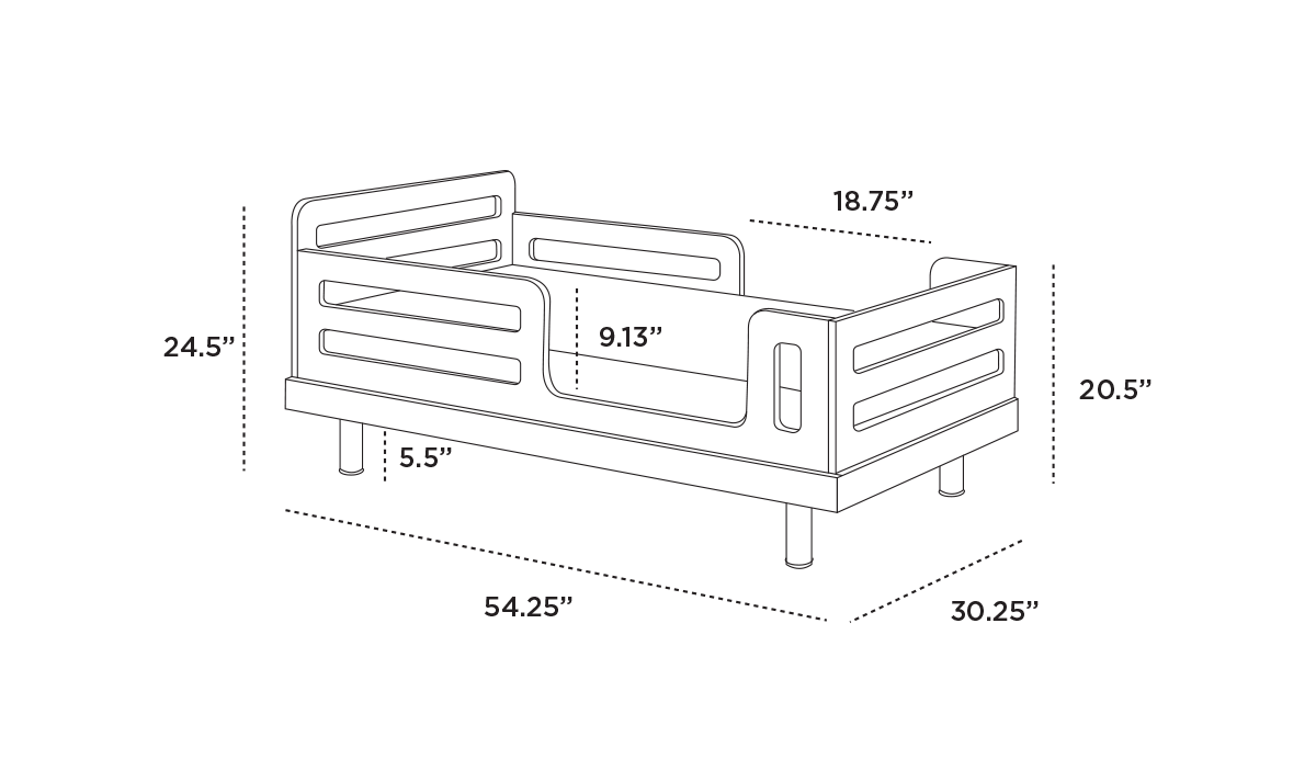 Illustration of a toddler bed with dimensions: 54.25 length, 30.25 width, 24.5 height. Rail height is 9.13, and leg height is 5.5. Side rail height is 18.75 and 20.5.